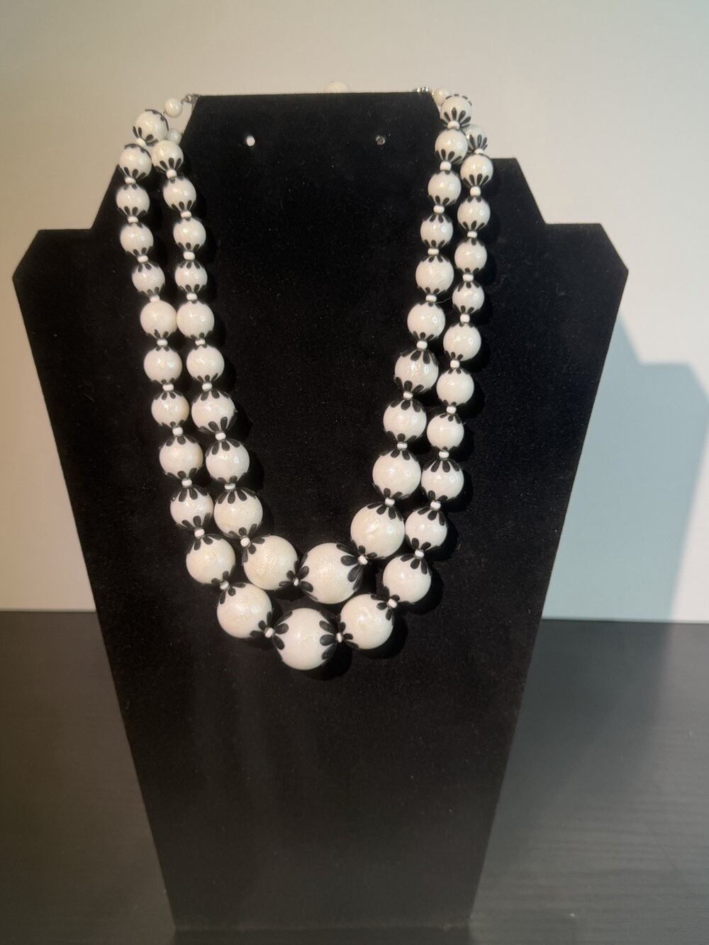 Vintage West Germany Black White Molded Plastic Bead Double Strand Necklace 50s